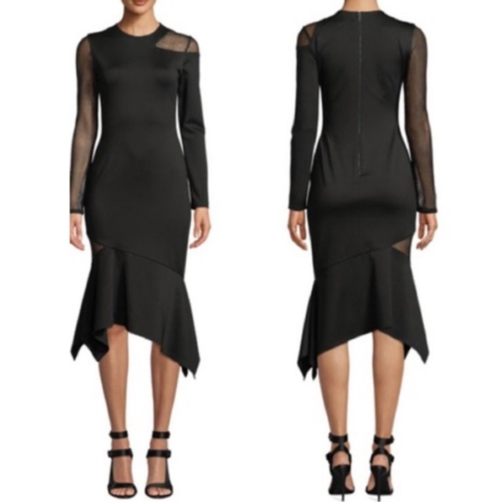Alice + Olivia Kaine Mesh Inset Asymmetrical Handkerchief Hem Dress Black SZ 2